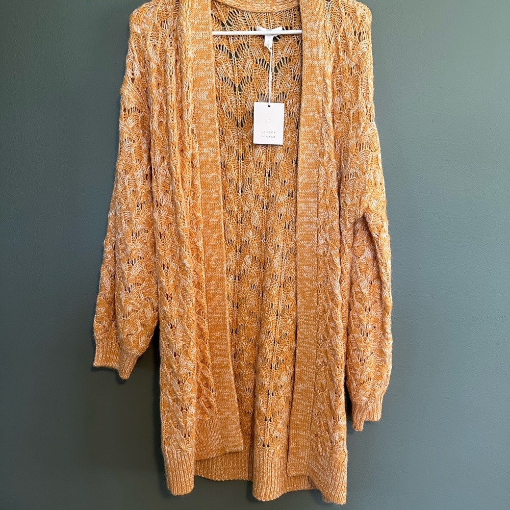 Women's Open Knit Cardigan Sweater - Mustard